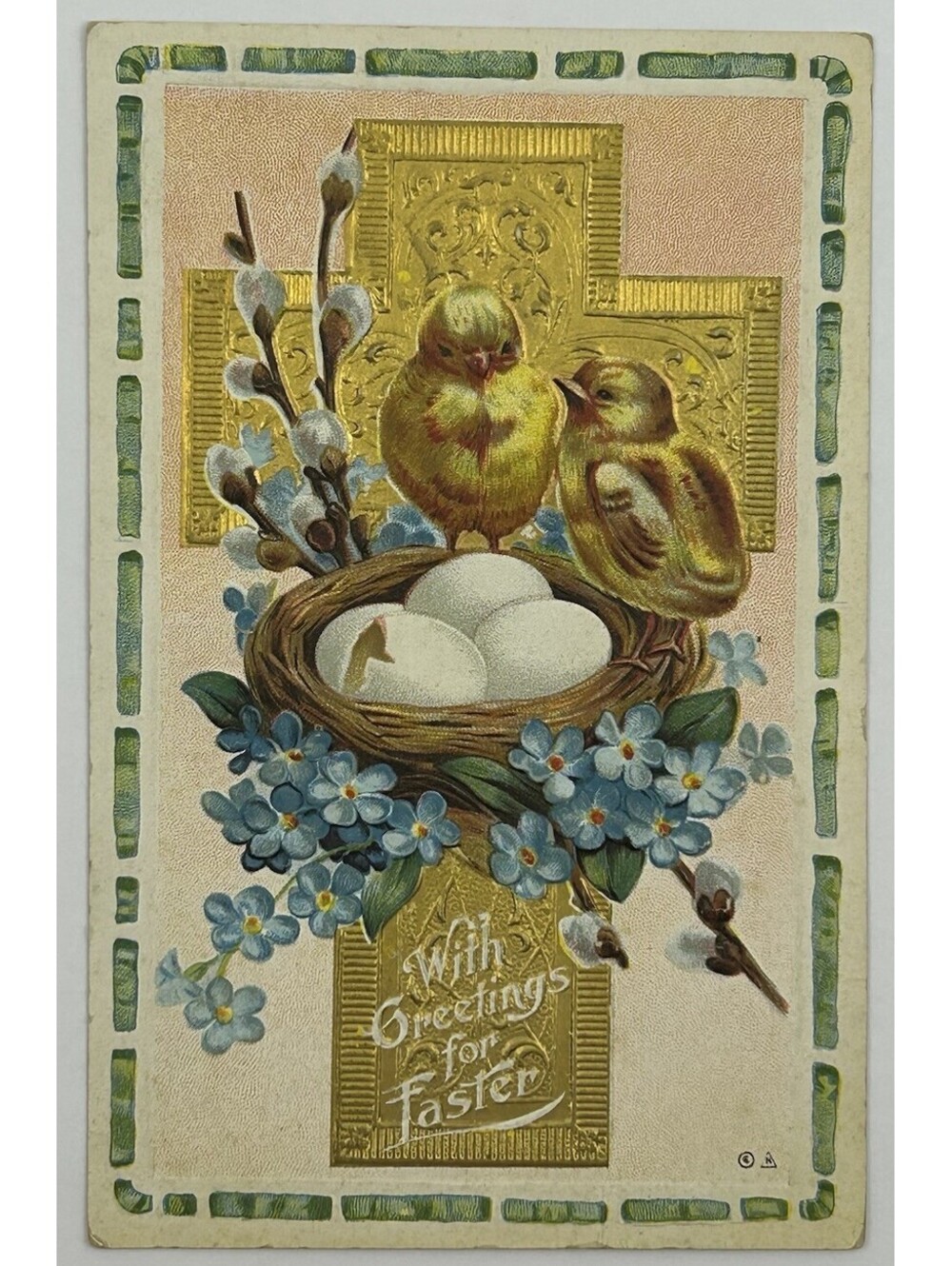 Vtg Easter Postcard Embossed Cross Chicks Nest Eggs Forget Me Not Flowers   E-14